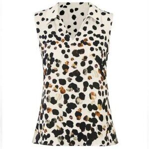 CABI Seismic Sleeveless Blouse White Black Brown Sz L #3989 NWOT